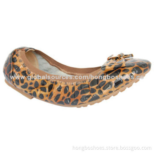 Women's Flat Dress Shoe with Leather Bow, Round Toe, Rubber Outsole